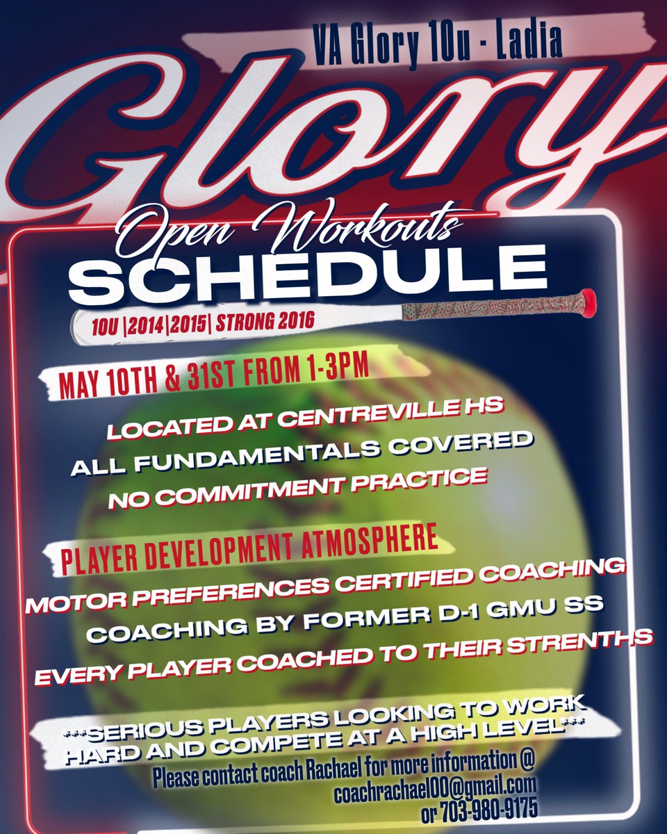 Re-introducing VA Glory Ladia but taking it down a few ages to 10U! We are very excited to begin the process of putting together a very competitive, competition seeking 10U team! Please see flyer for some open workout times this month! Starting this weekend 5/10!