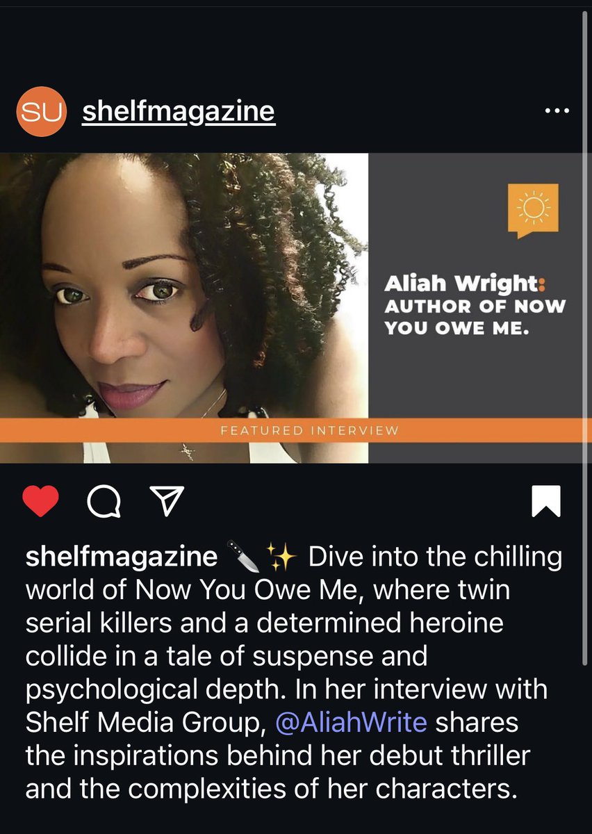 Thank you <a href="/shelfmagazine/">Shelf Unbound</a> for featuring me in your Spring Issue! 
tinyurl.com/4wuf2eax
Read why Now You Owe Me is a #ForewordIndies Book of the Year finalist! tinyurl.com/yrv7bszw 
Follow my IG @aliahwrite for more!