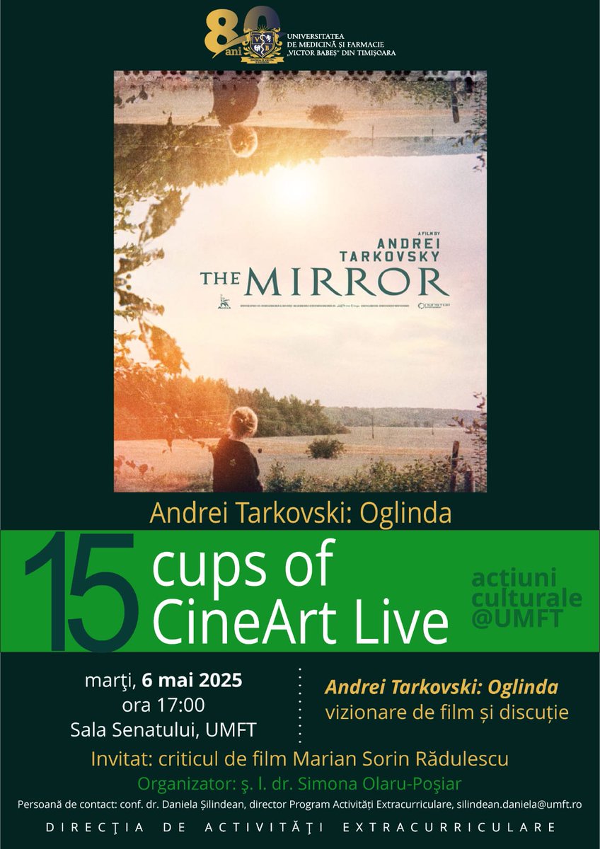 ✍️ Înscrierea se face prin completarea acestui formular: 
docs.google.com/forms/d/e/1FAI… 

Persoană de contact, Director Program Activități Extracurriculare: 🎓 conf. dr. Daniela Șilindean
📨 silindean.daniela@umft.ro  

ℹ️ umft.ro/ro/7-15-cups-o…