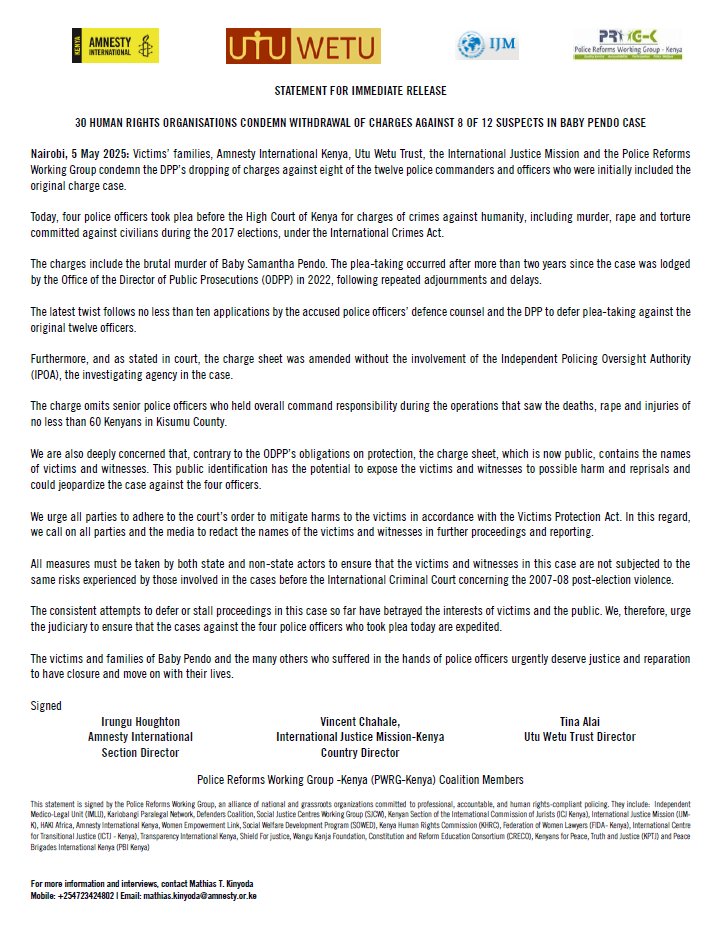 Police Reforms Working Group - Kenya (@reformsgroup) on Twitter photo Joint Statement: We strongly condemn <a href="/ODPP_KE/">Office of The Director Of Public Prosecutions</a>’s decision to drop charges against 8 officers in the #BabyPendo case.
Only 4 now face trial for crimes against humanity including murder, rape and torture, committed during the 2017 elections. Joint Statement: We strongly condemn <a href="/ODPP_KE/">Office of The Director Of Public Prosecutions</a>’s decision to drop charges against 8 officers in the #BabyPendo case.
Only 4 now face trial for crimes against humanity including murder, rape and torture, committed during the 2017 elections.