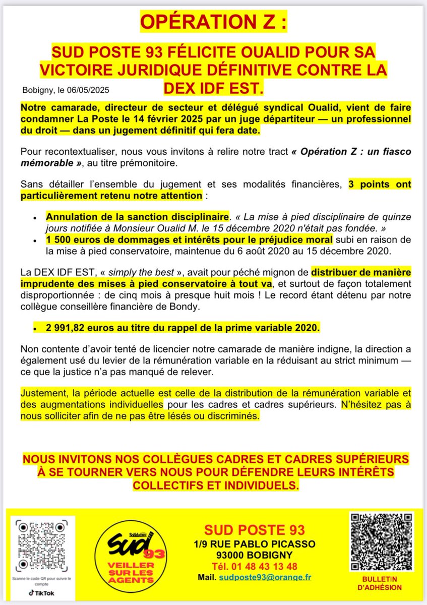 OPÉRATION Z : SUD POSTE 93 FÉLICITE OUALID POUR SA VICTOIRE JURIDIQUE DÉFINITIVE CONTRE LA DEX IDF EST.