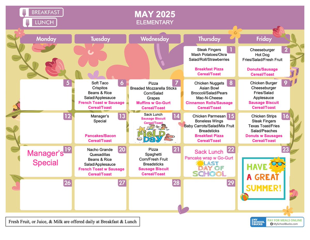 The May 2025 QISD Lunch Menus.