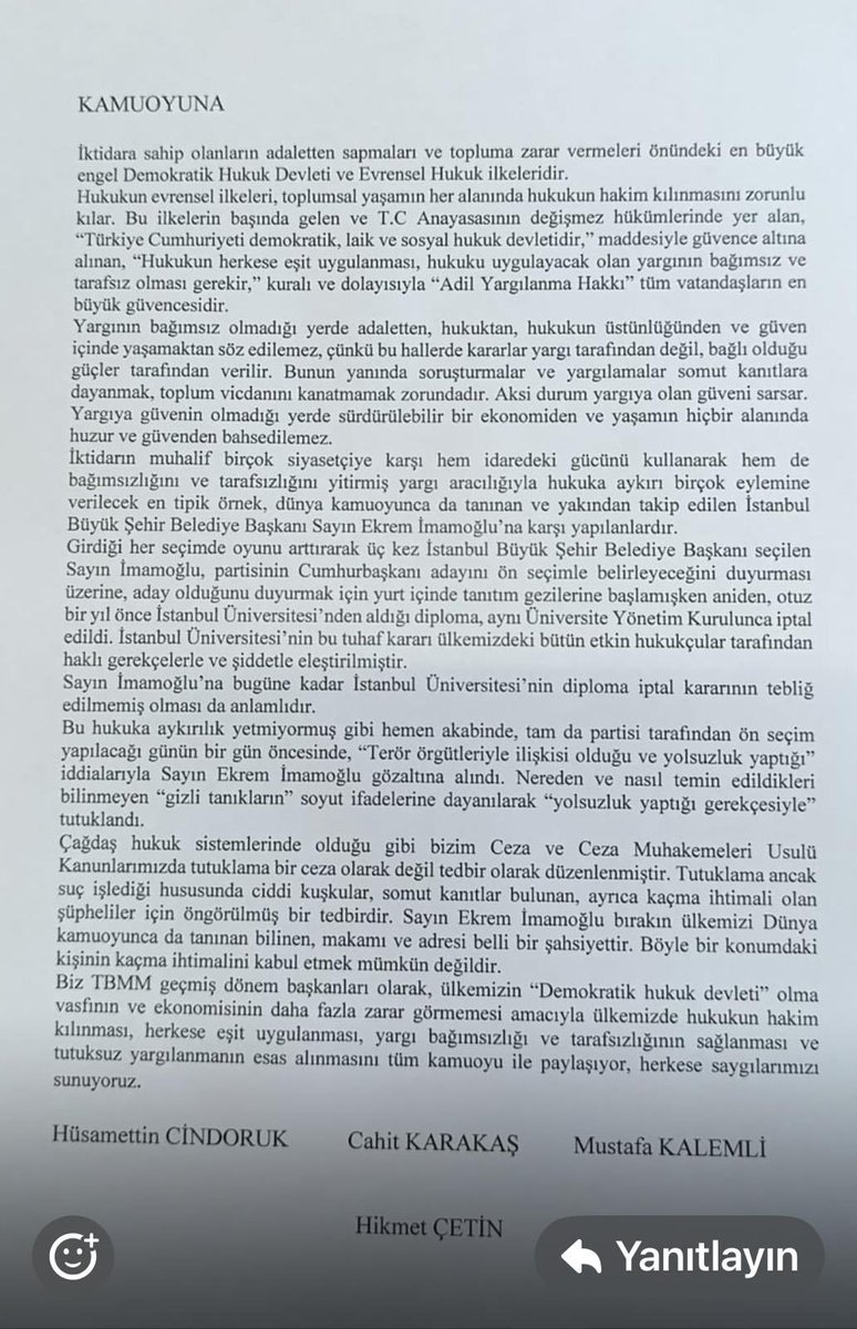 Tepkiler çoğalıyor.
4 Eski TBMM başkanı bildiri yayınladı.