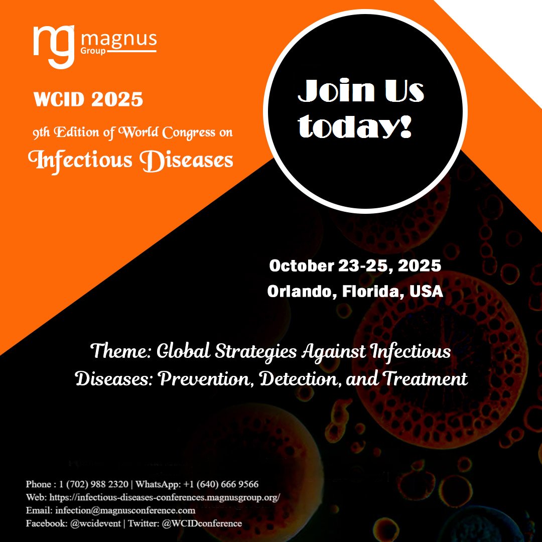 WCID-2025 (@wcidconference) on Twitter photo Get ready for the <a href="/WCIDconference/">WCID-2025</a>
🌍🦠
📅 Dates: October 23-25, 2025
📍 Location: Orlando, Florida, USA
💻 Hybrid Event: Attend in person OR virtually from anywhere!
Register now & Join today.
Register here: …-diseases-conferences.magnusgroup.org/register
For more details
WhatsApp: +1 (640) 666 9566 Get ready for the <a href="/WCIDconference/">WCID-2025</a>
🌍🦠
📅 Dates: October 23-25, 2025
📍 Location: Orlando, Florida, USA
💻 Hybrid Event: Attend in person OR virtually from anywhere!
Register now & Join today.
Register here: …-diseases-conferences.magnusgroup.org/register
For more details
WhatsApp: +1 (640) 666 9566