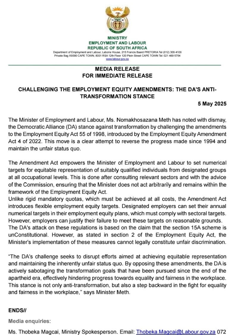We are dismayed by the DA's court bid on the Employment Equity Act, which we view as an attempt to disrupt efforts aimed at achieving equitable representation, effectively hindering progress towards equality and fairness in the workplace #LabourMatters <a href="/SAgovnews/">@SAgovnews</a> <a href="/GovernmentZA/">South African Government</a>