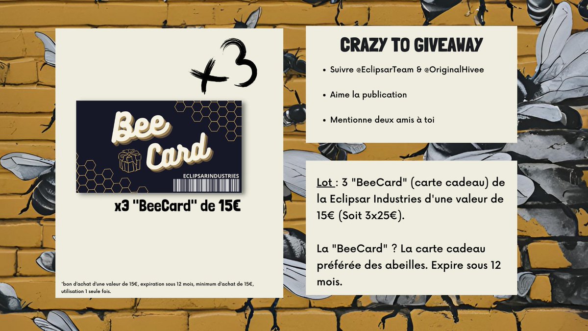 Eclipsar Industries SAS (@eclipsarteam) on Twitter photo 🐝 CRAZY TO #GIVEAWAY 🐝
Tente de gagner l'une des 3 “BeeCard” de 15 € à utiliser sur toute la boutique Eclipsar Industries 🛍️
💥 Comment participer ?
✅ Suis <a href="/EclipsarTeam/">Eclipsar Industries SAS</a> & <a href="/OriginalHivee/">Original Hive de "Eclipsar Industries"</a>
✅ Like ce post
✅ Mentionne 2 ami(e)s en commentaire
🎁 Lot : 3 cartes cadeaux 🐝 CRAZY TO #GIVEAWAY 🐝
Tente de gagner l'une des 3 “BeeCard” de 15 € à utiliser sur toute la boutique Eclipsar Industries 🛍️
💥 Comment participer ?
✅ Suis <a href="/EclipsarTeam/">Eclipsar Industries SAS</a> & <a href="/OriginalHivee/">Original Hive de "Eclipsar Industries"</a>
✅ Like ce post
✅ Mentionne 2 ami(e)s en commentaire
🎁 Lot : 3 cartes cadeaux