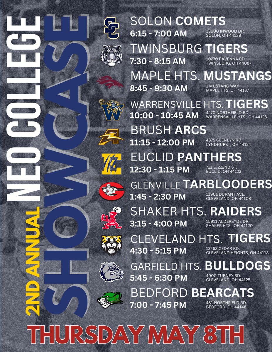 College coaches come check out some good talent this Thursday. <a href="/CoachWiz3/">Brian Wisniewski</a> <a href="/saulter_charles/">Coach Saulter</a> <a href="/_CoachNicholson/">Alex Nicholson</a>  <a href="/BHSArcsFootball/">Brush Football</a> <a href="/BryceJones94/">Bryce Jones</a>   <a href="/MacStephens/">Mac Stephens</a> <a href="/BedfordBearcats/">BedfordBearcats</a> <a href="/BRuss1906/">Bernard Russ </a> <a href="/TarblooderFB/">Glenville Tarblooders Football 🏈</a> <a href="/MacStephens/">Mac Stephens</a> Special shout out to <a href="/CoachCreel/">Coach Creel</a> for putting this together.