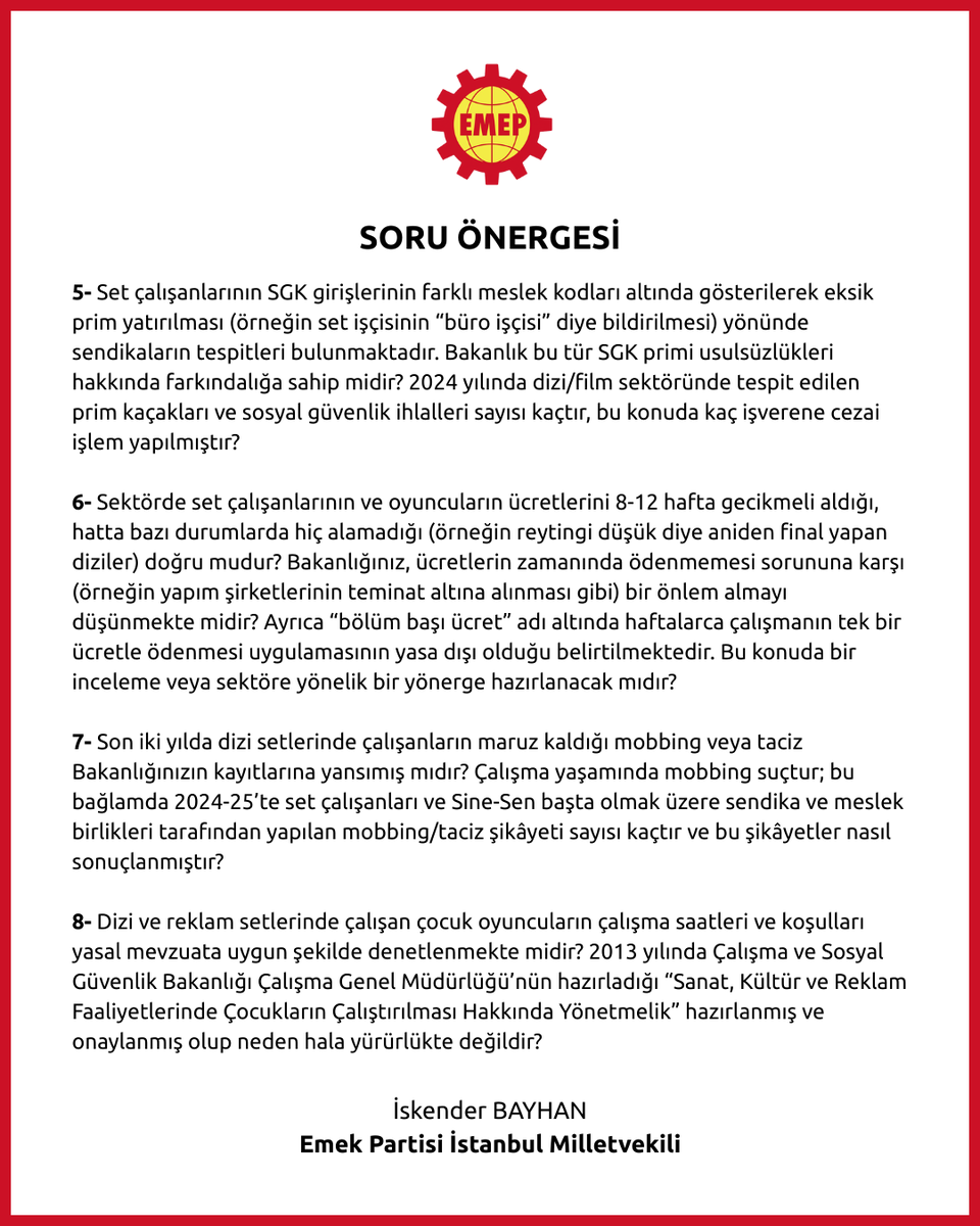 iskenderbayhn's tweet photo. Türkiye’de dizi/film sektöründe ışıkçısından oyuncusuna binlerce emekçi, uzun saatler boyunca güvencesiz ve insanca olmayan koşullarda çalışıyor. İş cinayetleri, sigortasızlık ve ücret gaspları artıyor:

📍Haftada 90+ saat mesai
📍Maaşlar 2-3 ay gecikiyor, fazla mesai ödenmiyor
📍Sigortasızlık ve 4B dayatması
📍İş cinayetleri, yangınlar
📍Uzun dizi süreleri, ağır koşullar
📍Sendika ve TİS hakkı barajlarla fiilen gasp ediliyor

Dizi/film emekçilerinin talebi net:
Sigortalı, güvenceli, insanca çalışma koşulları!
Gerçek bir denetim, sendikal haklar ve toplu sözleşme güvencesi! 

Çalışma Bakanı @isikhanvedat'a sorduk👇
@oyuncusendika @DiskSine @biroymb