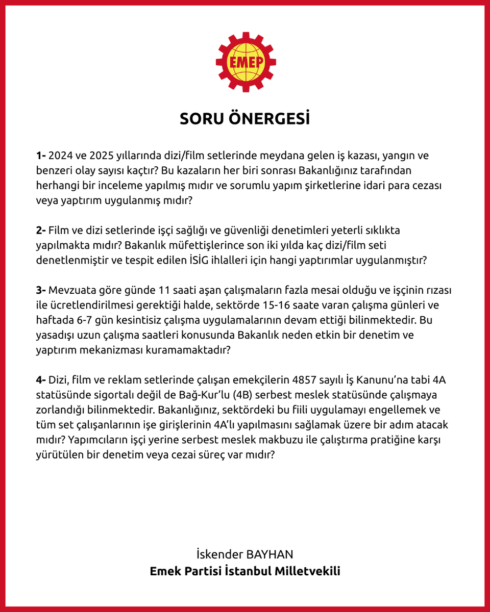 iskenderbayhn's tweet photo. Türkiye’de dizi/film sektöründe ışıkçısından oyuncusuna binlerce emekçi, uzun saatler boyunca güvencesiz ve insanca olmayan koşullarda çalışıyor. İş cinayetleri, sigortasızlık ve ücret gaspları artıyor:

📍Haftada 90+ saat mesai
📍Maaşlar 2-3 ay gecikiyor, fazla mesai ödenmiyor
📍Sigortasızlık ve 4B dayatması
📍İş cinayetleri, yangınlar
📍Uzun dizi süreleri, ağır koşullar
📍Sendika ve TİS hakkı barajlarla fiilen gasp ediliyor

Dizi/film emekçilerinin talebi net:
Sigortalı, güvenceli, insanca çalışma koşulları!
Gerçek bir denetim, sendikal haklar ve toplu sözleşme güvencesi! 

Çalışma Bakanı @isikhanvedat'a sorduk👇
@oyuncusendika @DiskSine @biroymb