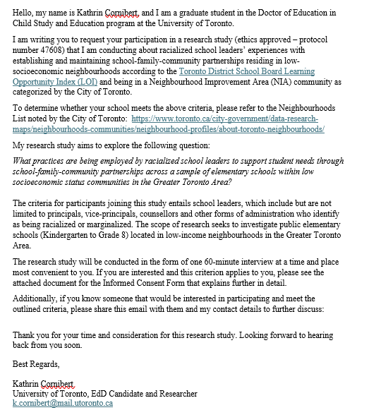 OPPORTUNITY TO PARTICIPATE IN PhD RESEARCH

If interested, contact Kathrin Cornibert (University of Toronto, EdD Candidate and Researcher) directly at: k.cornibert@mail.utoronto.ca

<a href="/OISEUofT/">OISEUofT</a> <a href="/OPCouncil/">Ontario Principals' Council</a>  <a href="/TDSBDirector/">Clayton La Touche</a> <a href="/tdsb_cebsa/">Centre of Excellence for Black Student Achievement</a> <a href="/tdsb/">Toronto District School Board</a> <a href="/TCDSB/">Toronto Catholic District School Board</a>