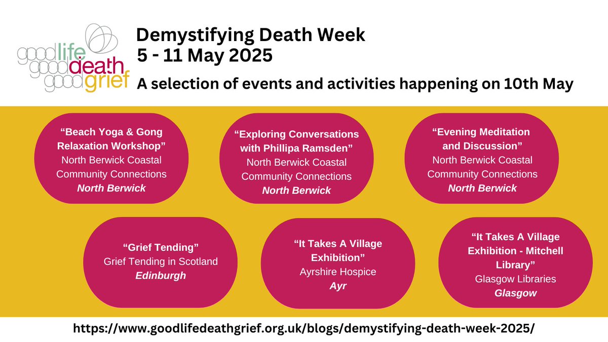 LifeDeathGrief's tweet image. #DemystifyDeath Week (5-11 May) activities today by North Berwick Coastal Community Connections, Grief Tending in Scotland, @AyrshireHospice, @GlasgowLib and more.
Find out more at our website:
goodlifedeathgrief.org.uk/blogs/demystif…