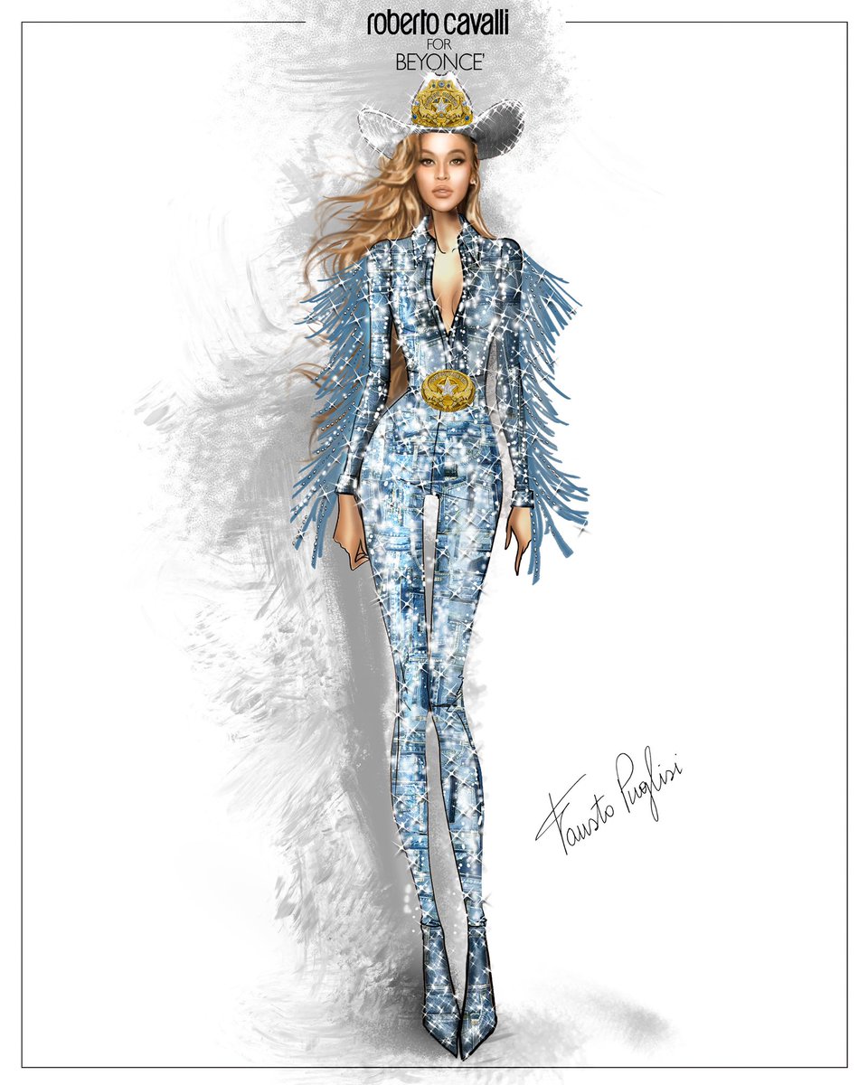 Beyoncé is wearing a #CustomRobertoCavalli look while kicking off her highly anticipated Cowboy Carter Tour at the SoFi Stadium in Los Angeles, California, on April 28th, 2025. 

The look showcases a long-sleeved shirt bodysuit with fringe detailing, paired with leggings in