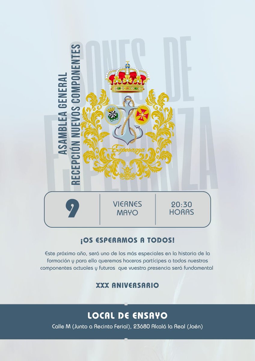 𝗔𝗦𝗔𝗠𝗕𝗟𝗘𝗔 𝗚𝗘𝗡𝗘𝗥𝗔𝗟 - 𝗥𝗘𝗖𝗘𝗣𝗖𝗜𝗢𝗡 𝗡𝗨𝗘𝗩𝗢𝗦 𝗖𝗢𝗠𝗣𝗢𝗡𝗘𝗡𝗧𝗘𝗦 

El proximo Viernes tendrá lugar la Asamblea General y Recepción de Nuevos Componentes, donde podremos detallar nuestro pasado Curso Cofrade y el próximo año ilusionante que nos espera

💚💚