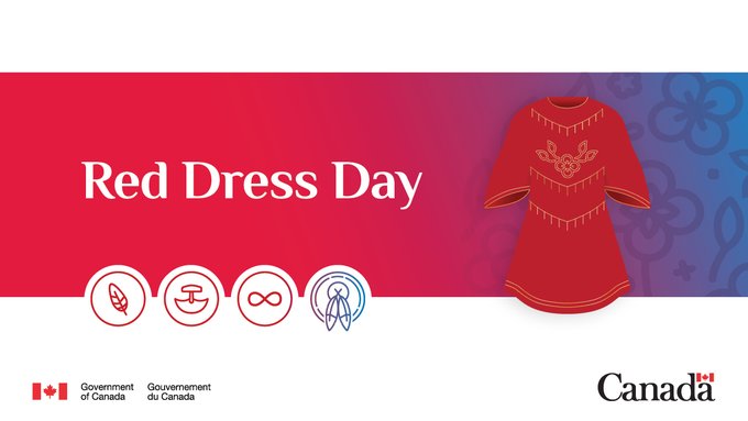 Red and blue gradient background featuring icons of an eagle, ulu, infinity sign, and two feathers. Illustration of a red dress. Text says: Red Dress Day.