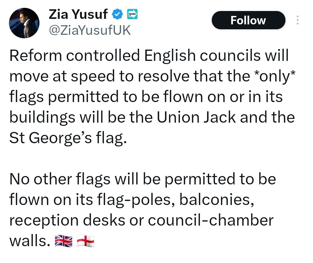 So the position has already moved from <a href="/ZiaYusufUK/">Zia Yusuf</a> saying: explicitly "only 🇬🇧🏴󠁧󠁢󠁥󠁮󠁧󠁿" and goes on "no other flags will be permitted." 

Well, at least this is positive for counties.

But what about Commonwealth or armed forces flags?