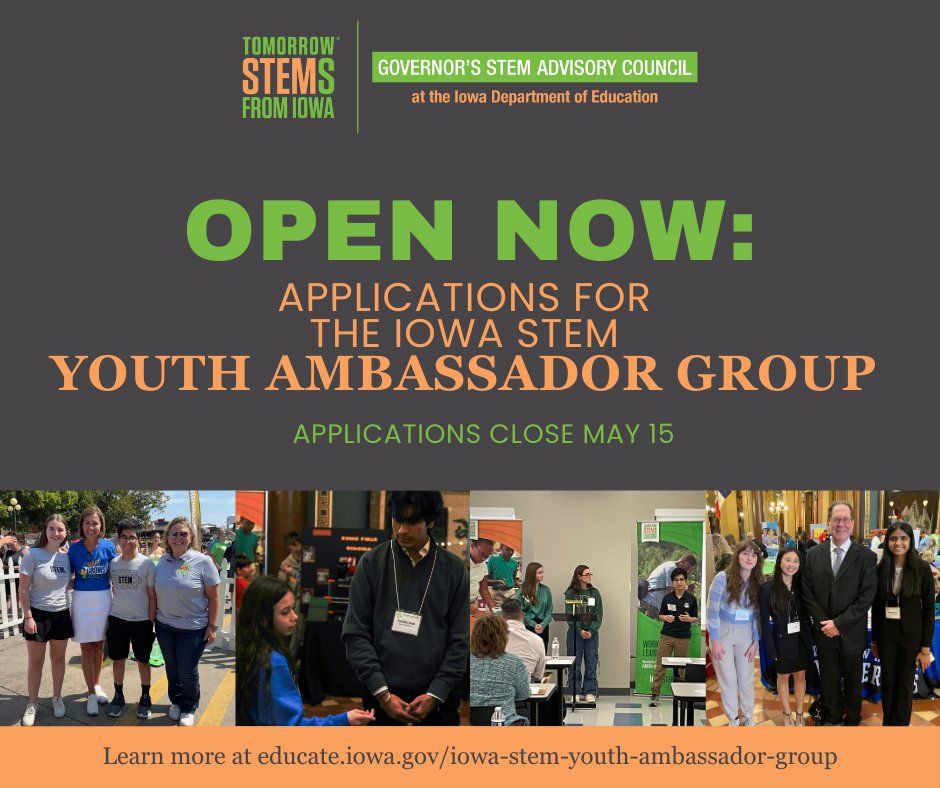 Iowa youth from middle school to college age with a passion or interest in STEM are invited to apply to be an Iowa STEM Youth Ambassador! Applications close May 15.    educate.iowa.gov/iowa-stem-yout…