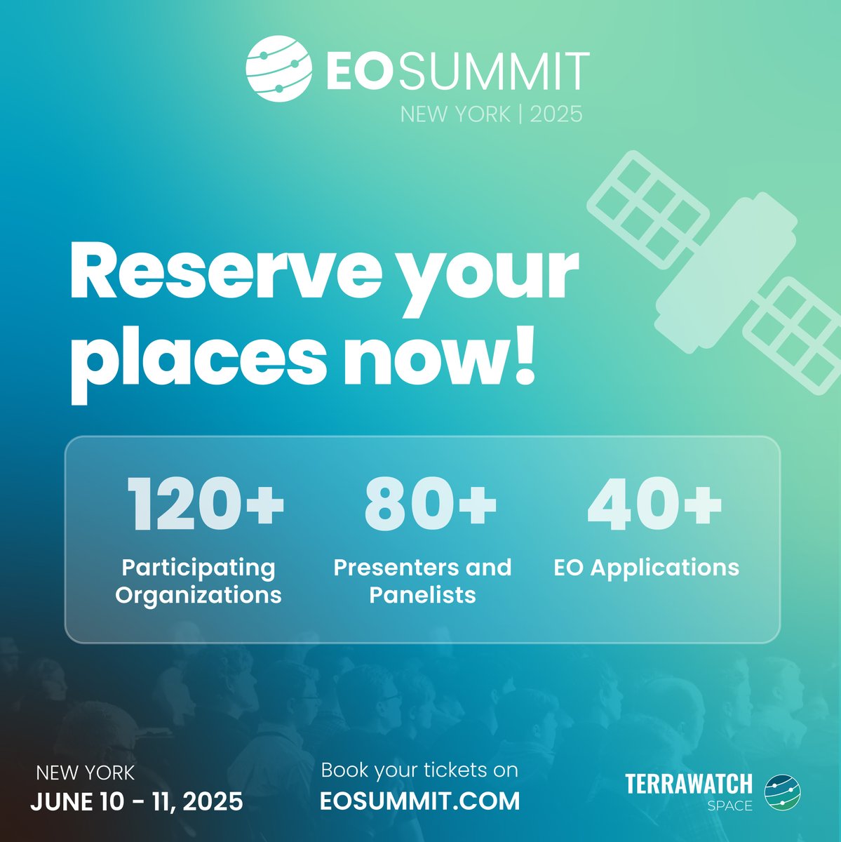 🛰️ Just 5 weeks to go until EO Summit!🌍

We have worked hard to create a unique program for the conference. We will have over 80 speakers from a number of industries, over 120 organizations attending the event and discussing over 40 applications of EO.

Book your tickets now!