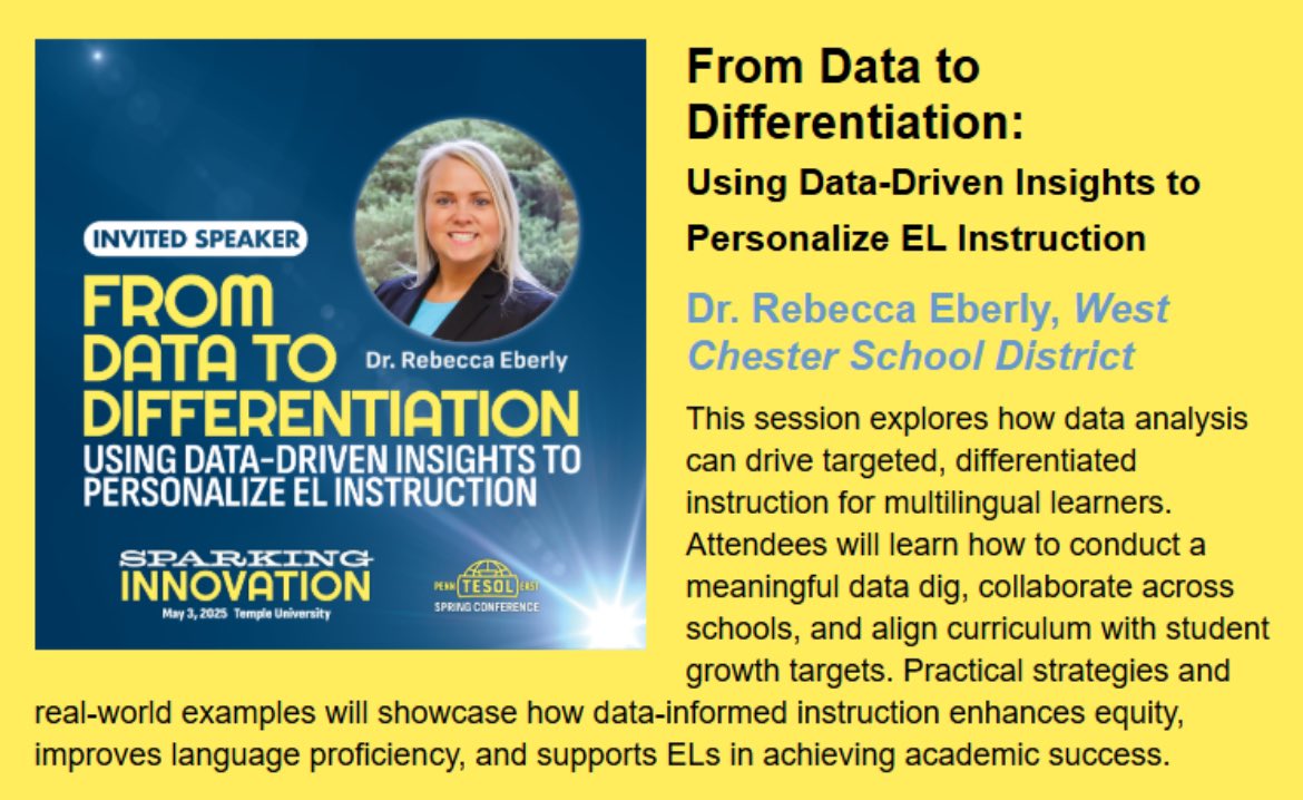 It was an honor to be selected as one of two invited speakers at the Penn TESOL East Sparking Innovation conference this past weekend. Grateful for the opportunity to share and connect with such an inspiring community of educators and leaders! <a href="/WestChesterASD/">West Chester Area SD</a> <a href="/PennTESOLEast/">PennTESOL East</a>