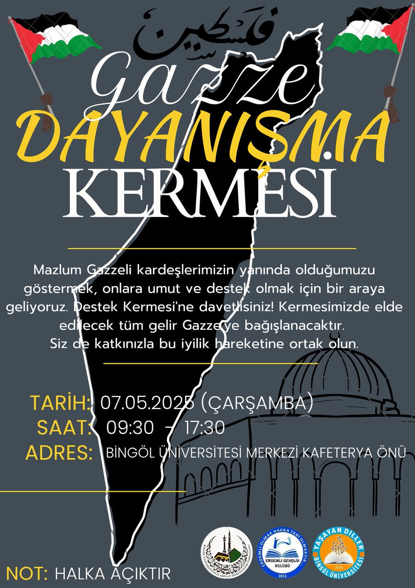 Gazze’deki kardeşlerimize destek olmak amacıyla bir kermes düzenliyoruz. Gelirin tamamı, bölgede ihtiyaç sahibi insanlara ulaştırılacaktır.

Küçük bir katkı, büyük bir umut olabilir. Desteğinizi bekliyoruz.
#gazze
#bingölüniversitesi
#kermes 
#filistin 
#kudüs