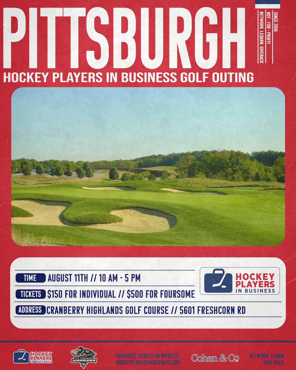 Join us Aug 11 for the 2nd Annual HPIB Pittsburgh Charity Golf Outing at Cranberry Highlands! Golf, drinks, dinner &amp; raffles—all to support the Pittsburgh Warriors disabled vets hockey team.

🎟 $150/player | $500/foursome
📩 Sponsor/register: trose@cohenco.com