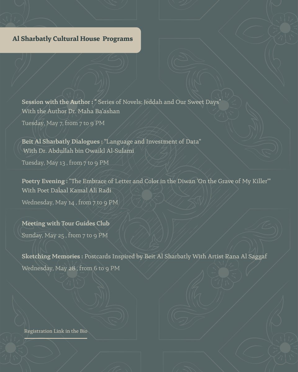 انضموا إلينا في برامج بيت الشربتلي الثقافي لشهر مايو، حيث نقدم مجموعة متنوعة من اللقاءات، الحوارات، والأمسيات الشعرية.

————————————————-

Join us at Al Sharbatly Cultural House program in May, where we offer a variety of meetings, dialogues, and poetry evenings.