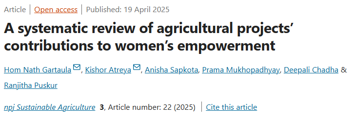 GREAT Agriculture (@greatagresearch) on Twitter photo Study finds that projects which:
👉involve men, 
👉provide assets, 
👉offer skills training, 
foster women’s #empowerment. 
➡️: GTAs such as integrating socio-technical innovations help address systemic inequalities & advance #gender equality. 
🔗: nature.com/articles/s4426… Study finds that projects which:
👉involve men, 
👉provide assets, 
👉offer skills training, 
foster women’s #empowerment. 
➡️: GTAs such as integrating socio-technical innovations help address systemic inequalities & advance #gender equality. 
🔗: nature.com/articles/s4426…