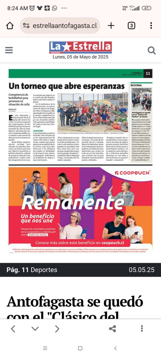 Dsocial_II's tweet image. Compartimos la nota publicada en el diario La Estrella de #Antofagasta sobre el torneo de baby fútbol para personas en situación de calle. El equipo de Centro Día Tabor se coronó campeón de este certamen.
@MinDesarrollo
@DPRAntofagasta
@EligeVivirSano
@VoceriaAntofa