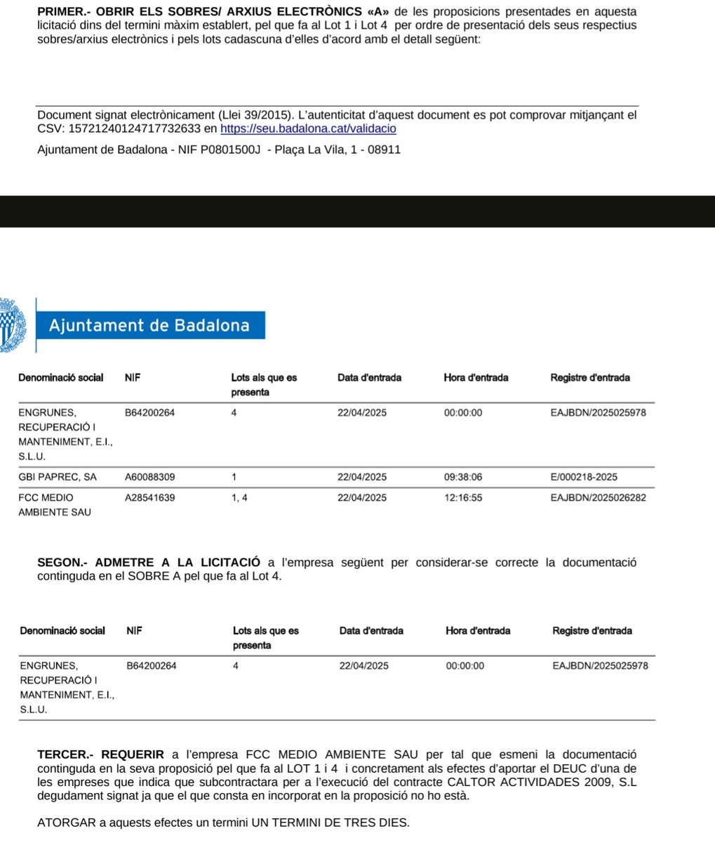 dpani1994's tweet image. ACTA MESA para LICITACIÓN LIMPIEZA! El lote 2 y 3 (recogida aceite y ropa) quedan apartados, pero se sigue con el lote 1 y 4 para su adjudicación.
Salvo sorpresa, será FCC ya que solo hay una empresa más que se haya presentado. #Badalona #TeamBadalona