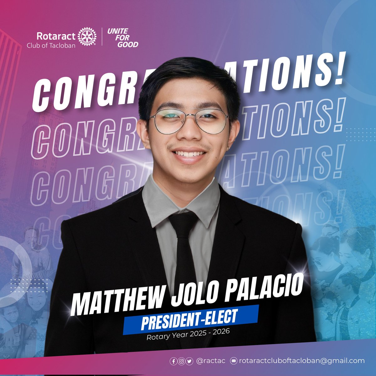 ractacloban's tweet photo. Meet our next flag bearer — Rotaractor Matthew Jolo Palacio! A creative leader, passionate storyteller, and committed changemaker, ready to inspire and unite for good. The future of Rotaract Club of Tacloban is in great hands!

Read full text: https://t.co/6mDXsxq6on https://t.co/z6GZQf52qH