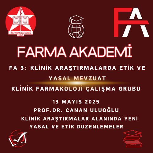 Değerli Türk Farmakoloji Derneği Üyeleri, 

Farma Akademi kapsamında 3. Eğitim serimiz FA3: Klinik Araştırmalarda Etik ve Yasal Mevzuat, Klinik Farmakoloji Çalışma Grubu işbirliği ile Prof. Dr. Canan ULUOĞLU’nun sunumu ile başlayacaktır. 

Türk Farmakoloji Derneği Yönetim Kurulu