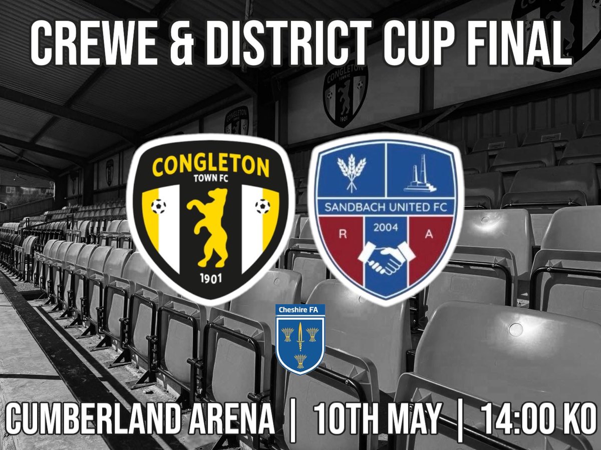 🏆 Cheshire &amp; District Cup Final 🏆

Bears Reserves vs Sandbach United Reserves 

🗓️ 10th May 
⌚️ 14:00 KO 
🏟️ Cumberland Arena 
📍CW1 2BD 
💷 £3 

<a href="/Cheshire_FA/">Cheshire Football Association</a>