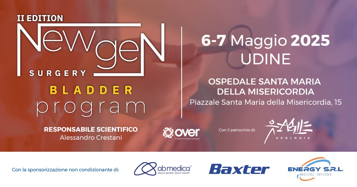 Over (@overeventi) on Twitter photo Domani 6 e 7 maggio a Udine 📆 New Gen Bladder Surgery Program
Un evento dedicato agli urologi ed alle nuove frontiere della chirurgia robotica, con focus su tecniche innovative e approcci mini-invasivi.
Responsabile Scientifico Alessandro Crestani. <a href="/AlessandroCres/">Alessandro Crestani</a>
➡️ Guarda il Domani 6 e 7 maggio a Udine 📆 New Gen Bladder Surgery Program
Un evento dedicato agli urologi ed alle nuove frontiere della chirurgia robotica, con focus su tecniche innovative e approcci mini-invasivi.
Responsabile Scientifico Alessandro Crestani. <a href="/AlessandroCres/">Alessandro Crestani</a>
➡️ Guarda il