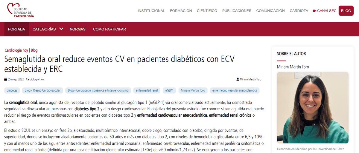 Soc Esp Cardiología (@secardiologia) on Twitter photo <a href="/MiriamMartinTo1/">Míriam Martín Toro</a>: “En pacientes con DM 2 y enfermedad cardiovascular establecida y/o enfermedad renal crónica, semaglutida oral reduce de manera significativa la incidencia de eventos cardiovasculares mayores adversos en un 14%".
ow.ly/wnxV50VMU9x <a href="/MiriamMartinTo1/">Míriam Martín Toro</a>: “En pacientes con DM 2 y enfermedad cardiovascular establecida y/o enfermedad renal crónica, semaglutida oral reduce de manera significativa la incidencia de eventos cardiovasculares mayores adversos en un 14%".
ow.ly/wnxV50VMU9x