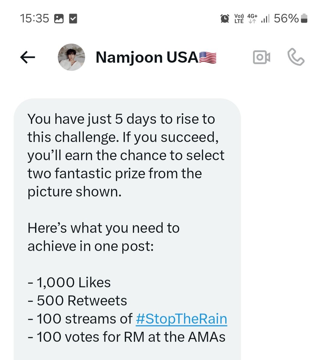 Kate Vl🍊⁷ 💜ⒷⓉⓈ🔍⍤⃝🔎 (@katevl1925) on Twitter photo Hi armys! I've received a RT deal from <a href="/NamjoonUsa/">Namjoon USA🇺🇸</a> and I have ONLY 5 days to complete my goals 🙏 I need:
1000 likes
500 retweets
100 streams of #StopTheRain
100 votes for RM at the AMAs
Please help me, every little thing helps so much 🙏🥹💜 Hi armys! I've received a RT deal from <a href="/NamjoonUsa/">Namjoon USA🇺🇸</a> and I have ONLY 5 days to complete my goals 🙏 I need:
1000 likes
500 retweets
100 streams of #StopTheRain
100 votes for RM at the AMAs
Please help me, every little thing helps so much 🙏🥹💜