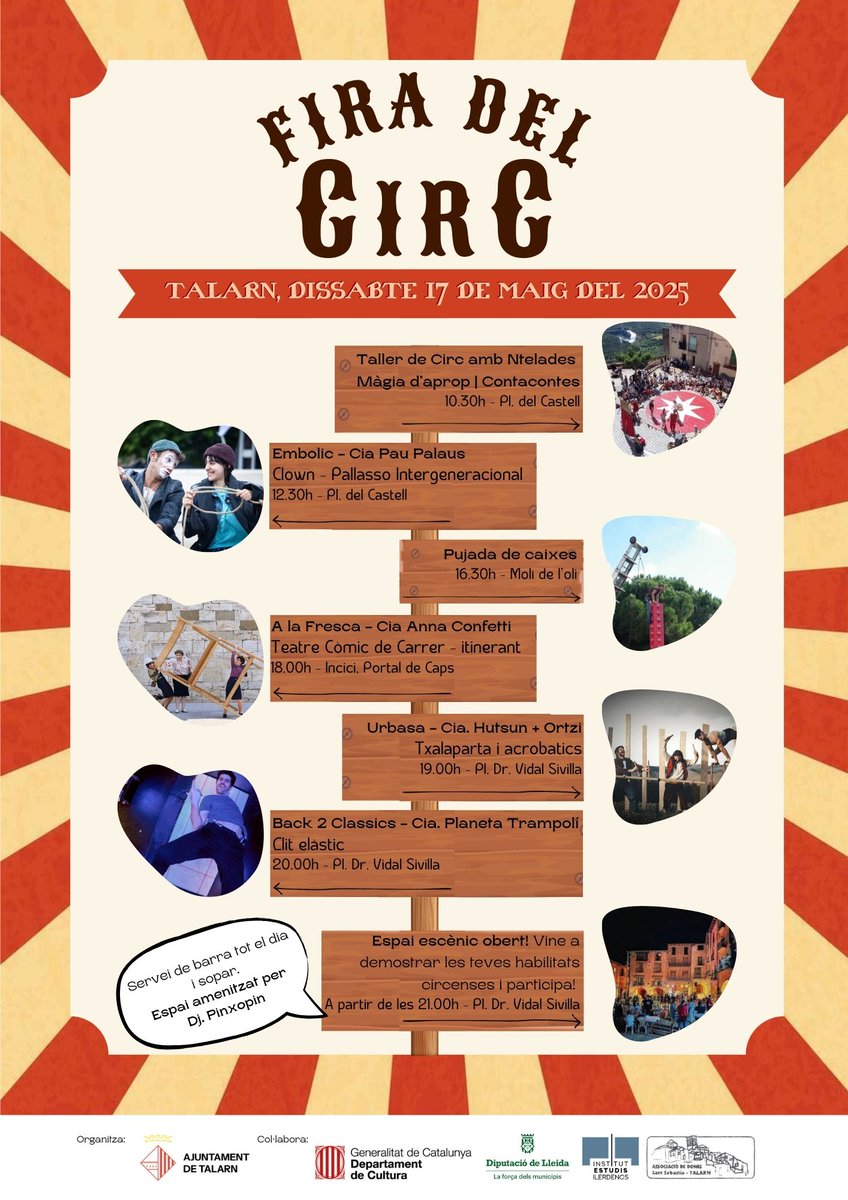 🎪 FIRA DEL CIRC A TALARN! 🎪

El pròxim dissabte 17 de maig de 2025, Talarn s’omple de màgia, rialles i espectacles de circ per a tots els públics! Vine a gaudir d’un dia ple d’activitats, emocions i sorpreses en un ambient festiu i familiar.