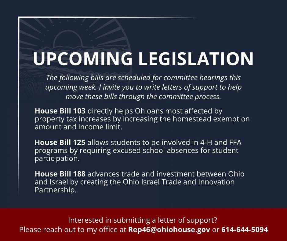 Do you want to be part of the legislative process?

This week, THREE of my bills are getting second hearings in Ohio House committees—and you can get involved!

Whether you want to testify or send in a letter of support, we’d love to hear from you. Just reach out to our office!