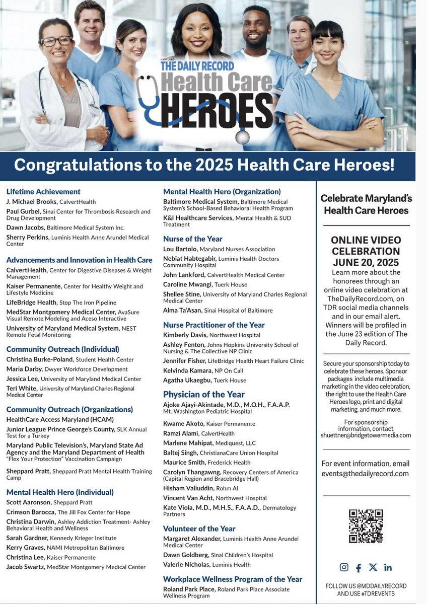 Honored to be named one of Daily Record’s Healthcare Heroes Physician of the Year! Congratulations to all the other winners!