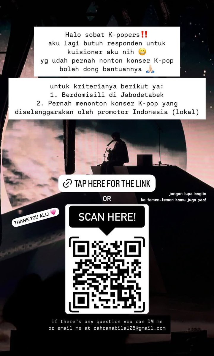 JSOO95__'s tweet image. Gess yg lagi punya waktu luang minta tolong bantu isi kuesioner temenku dongg tentang promotor konser indo, yg punya unek2 ke mcm dkk bisa bgt lampiasin penilaian kalian disinii🙏🏻🙂 linknya ada dibawah yaaa maaciw!

🖇️ docs.google.com/forms/d/e/1FAI…