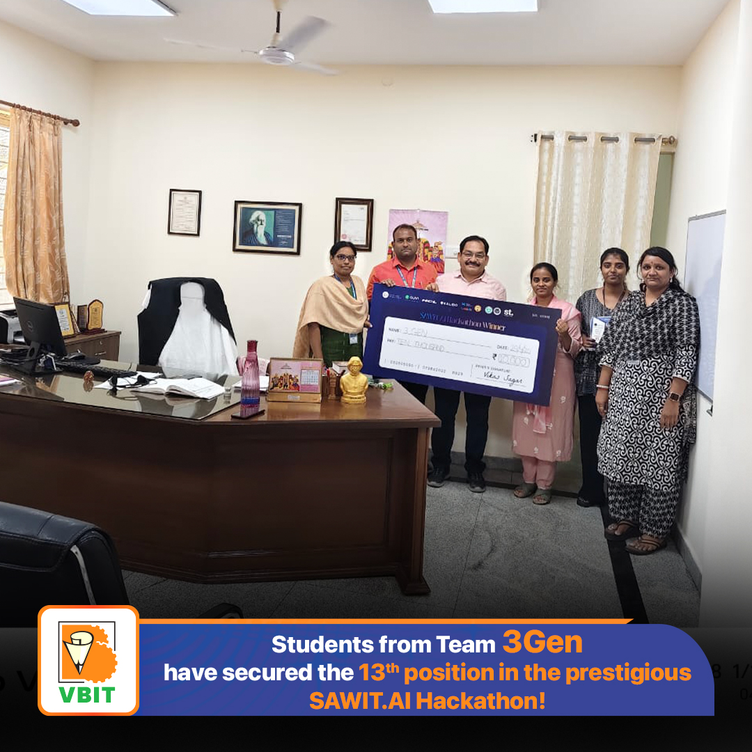 VBITHYD's tweet photo. We’re happy to announce that M. Rohini (22P61A67A6) and Vallamkondu Joshitha (22P61A67I2), 3rd-year students from Team 3Gen, have secured the 13th position in the prestigious https://t.co/7La2ZLlcwi Hackathon!
#SAWiTAIHackathon #WomenInTech #IIC #InstitutionsInnovationCouncil https://t.co/Jm0hvlixwj