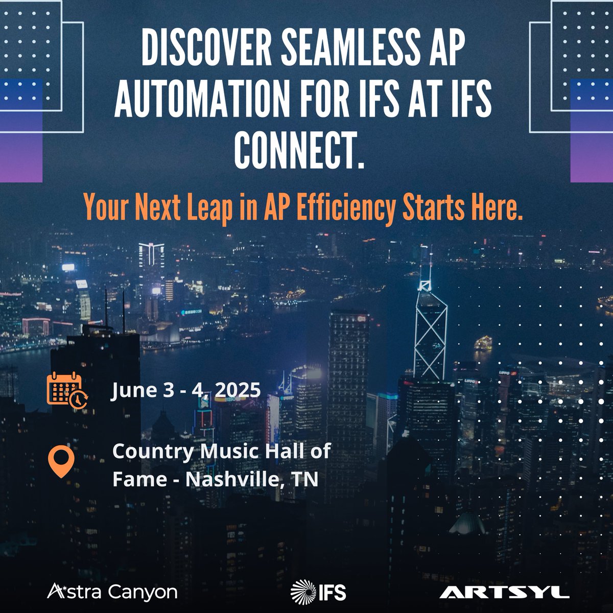 ArtsylTech's tweet image. 🚀 Meet the AI-powered AP Automation team at IFS Connect in Nashville this June!
Join Artsyl & Astra Canyon to see InvoiceAction & OrderAction in action—smart, touchless AP processing & seamless IFS integration.
🔗 Register: connect.ifs.com/na/
#IFSConnect #APAutomation