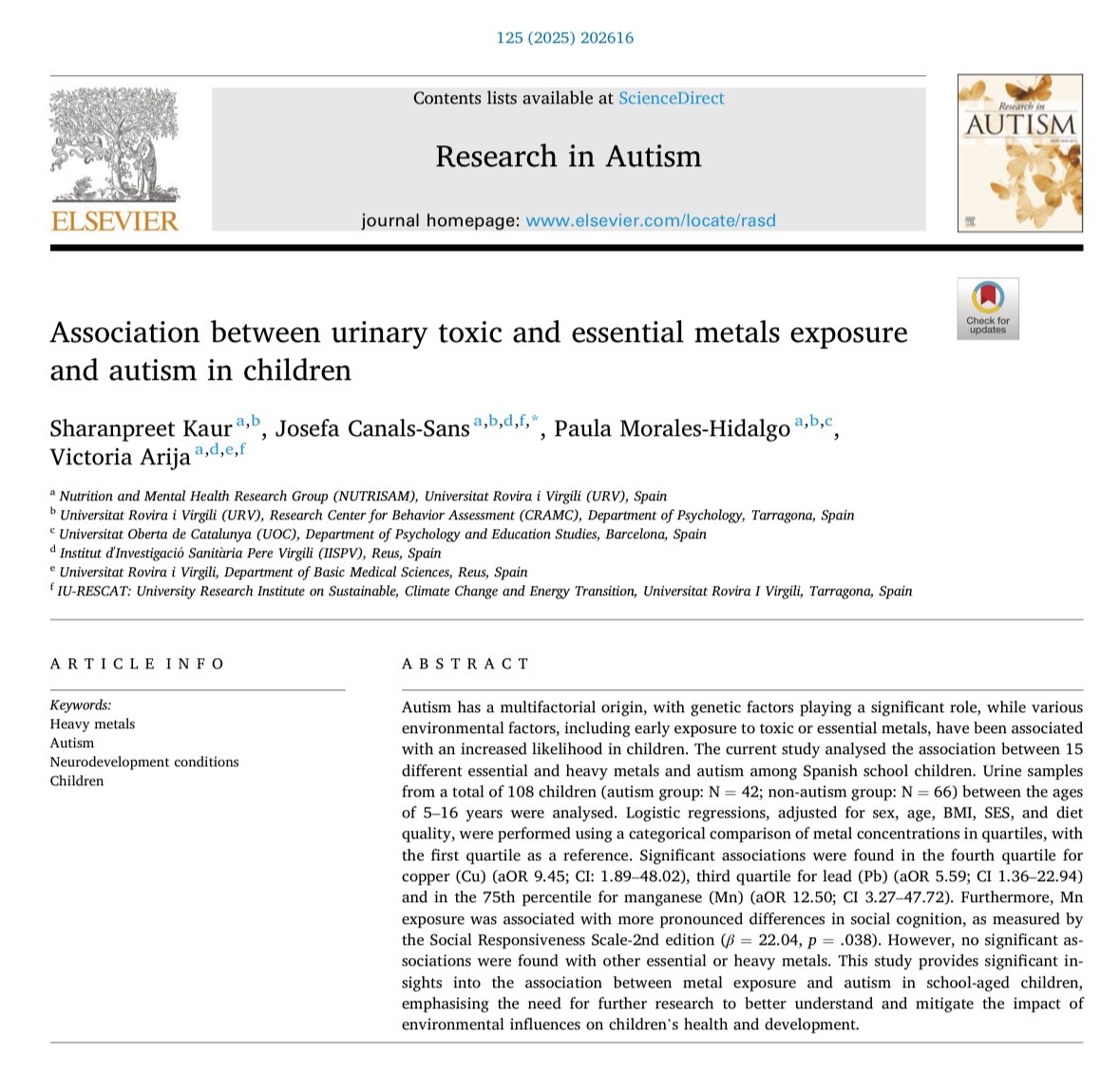 sharanpreetk0's tweet image. Our new research explores how exposure to toxic and essential metals may relate to autism in children. sciencedirect.com/science/articl…
@cienciaURV @cofundURV #MSCA #autism #neurodevelopment #children
#toxins