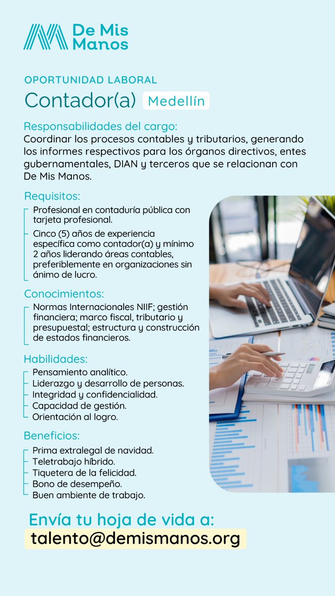 #Trabajosíhay | ¿Cuentas con el perfil solicitado? participa de esta convocatoria y transformemos el emprendimiento en Colombia. 🇨🇴 

📍 Envía tu hoja de vida aquí: talento@demismanos.org