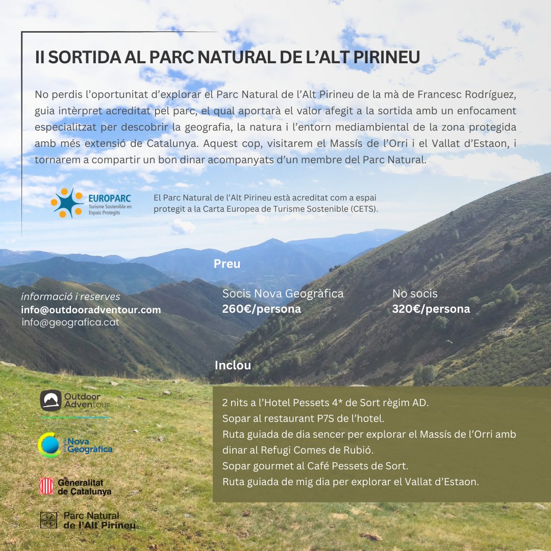 Societat Nova Geogràfica (@lageografica) on Twitter photo 🏔️Nova activitat de <a href="/lageografica/">Societat Nova Geogràfica</a>: del 16 al 18 de maig marxarem de cap de setmana al Parc Natural de l'Alt Pirineu. Dormirem a l'<a href="/HotelPessets/">Hotel Pessets</a> de Sort i explorarem el Massís de l'Orrí i altres.
Encara queden algunes places lliures!
geografica.cat/sortida-al-par…
Amb #OutdoorAdventour 🏔️Nova activitat de <a href="/lageografica/">Societat Nova Geogràfica</a>: del 16 al 18 de maig marxarem de cap de setmana al Parc Natural de l'Alt Pirineu. Dormirem a l'<a href="/HotelPessets/">Hotel Pessets</a> de Sort i explorarem el Massís de l'Orrí i altres.
Encara queden algunes places lliures!
geografica.cat/sortida-al-par…
Amb #OutdoorAdventour