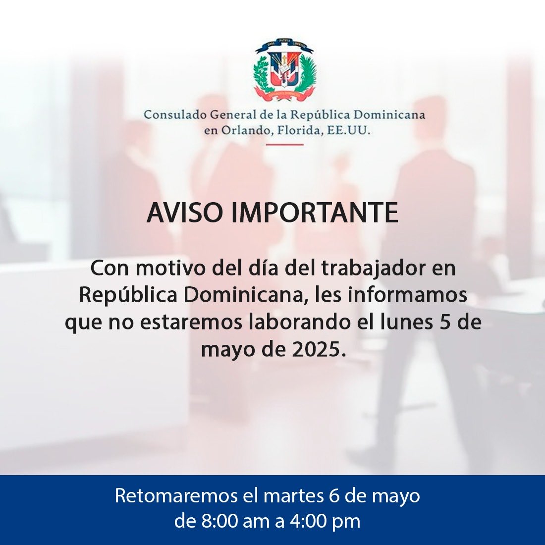 Hoy estamos cerrados por ser el día internacional del trabajo. ⁦<a href="/MCO/">Orlando International Airport</a>⁩ ⁦<a href="/FlyTPA/">Tampa International Airport ✈️</a>⁩ ⁦<a href="/CityofJax/">City of Jacksonville</a>⁩ ⁦<a href="/TB_Times/">Tampa Bay Times</a>⁩ ⁦<a href="/OrlandoPolice/">Orlando Police</a>⁩ ⁦<a href="/OrangeCoFL/">Orange County FL</a>⁩ ⁦<a href="/kissimmeepolice/">Kissimmee Police</a>⁩ Nos vamos mañana temprano.