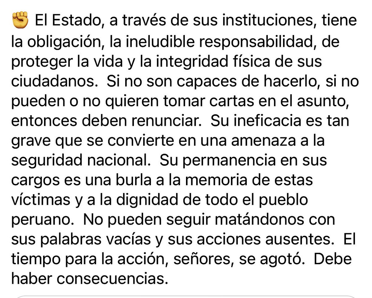 CARLOS DANTE III (@studiodecarlos) on Twitter photo La <a href="/presidenciaperu/">Presidencia del Perú 🇵🇪</a>, el <a href="/congresoperu/">Congreso del Perú 🇵🇪</a> y <a href="/CesarAcunaP/">César Acuña Peralta</a> del #GobiernoRegionalLaLibertad, frente a la masacre de trece mineros en Pataz, han demostrado una incapacidad flagrante para proteger la vida de sus ciudadanos. Su respuesta, o mejor…
MAS AQUÍ 👉 facebook.com/share/v/1E9ucP… La <a href="/presidenciaperu/">Presidencia del Perú 🇵🇪</a>, el <a href="/congresoperu/">Congreso del Perú 🇵🇪</a> y <a href="/CesarAcunaP/">César Acuña Peralta</a> del #GobiernoRegionalLaLibertad, frente a la masacre de trece mineros en Pataz, han demostrado una incapacidad flagrante para proteger la vida de sus ciudadanos. Su respuesta, o mejor…
MAS AQUÍ 👉 facebook.com/share/v/1E9ucP…