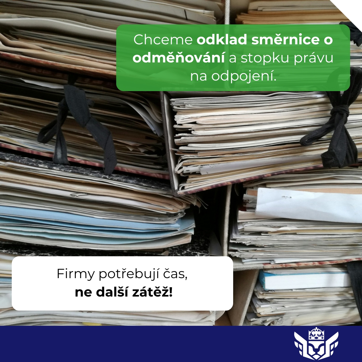 Tři největší zaměstnavatelské a podnikatelské organizace žádají dvouletý odklad směrnice o transparentnosti odměňování a odmítnutí směrnice o právu na odpojení. 

Bez důkladné přípravy hrozí firmám, zejména těm menším, zásadní nárůst administrativy, nákladů a právní nejistoty!
