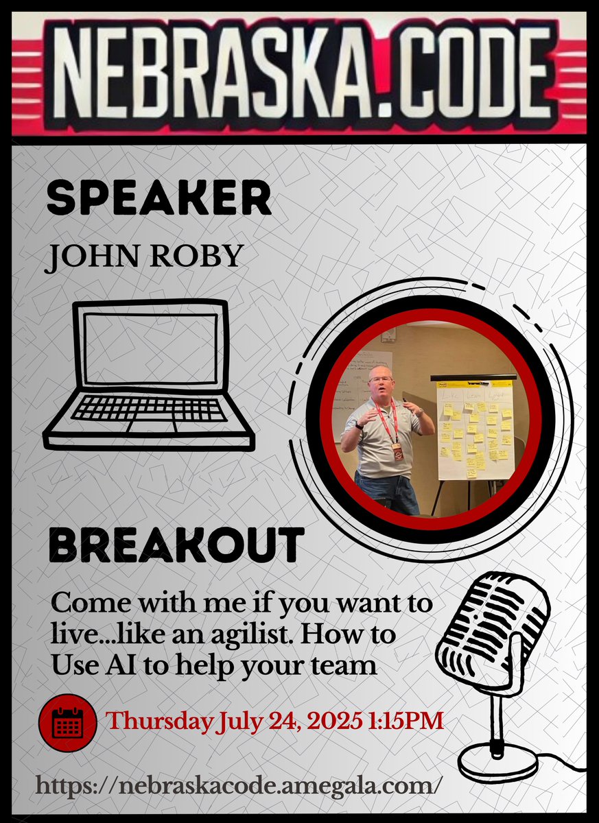 Amegala (@amegala) on Twitter photo Learn 'How to Use AI to Help Your Team' with John Roby, A-CSM, PMP July 24th at Nebraska.Code.
nebraskacode.amegala.com
#AI #ScrumMaster #ArtificialIntelligence #Nebraska #TechnologyConference <a href="/LumosData/">Lumos Data</a> <a href="/kryptosoft/">Kryptosoft</a> <a href="/TechnologyIowa/">Technology Association of Iowa</a> <a href="/kumandgo/">Kum & Go</a> <a href="/stratafolio/">STRATAFOLIO</a> <a href="/NebraskaDOT/">Nebraska DOT</a> <a href="/div_sol/">Diversified Solutions</a> Learn 'How to Use AI to Help Your Team' with John Roby, A-CSM, PMP July 24th at Nebraska.Code.
nebraskacode.amegala.com
#AI #ScrumMaster #ArtificialIntelligence #Nebraska #TechnologyConference <a href="/LumosData/">Lumos Data</a> <a href="/kryptosoft/">Kryptosoft</a> <a href="/TechnologyIowa/">Technology Association of Iowa</a> <a href="/kumandgo/">Kum & Go</a> <a href="/stratafolio/">STRATAFOLIO</a> <a href="/NebraskaDOT/">Nebraska DOT</a> <a href="/div_sol/">Diversified Solutions</a>