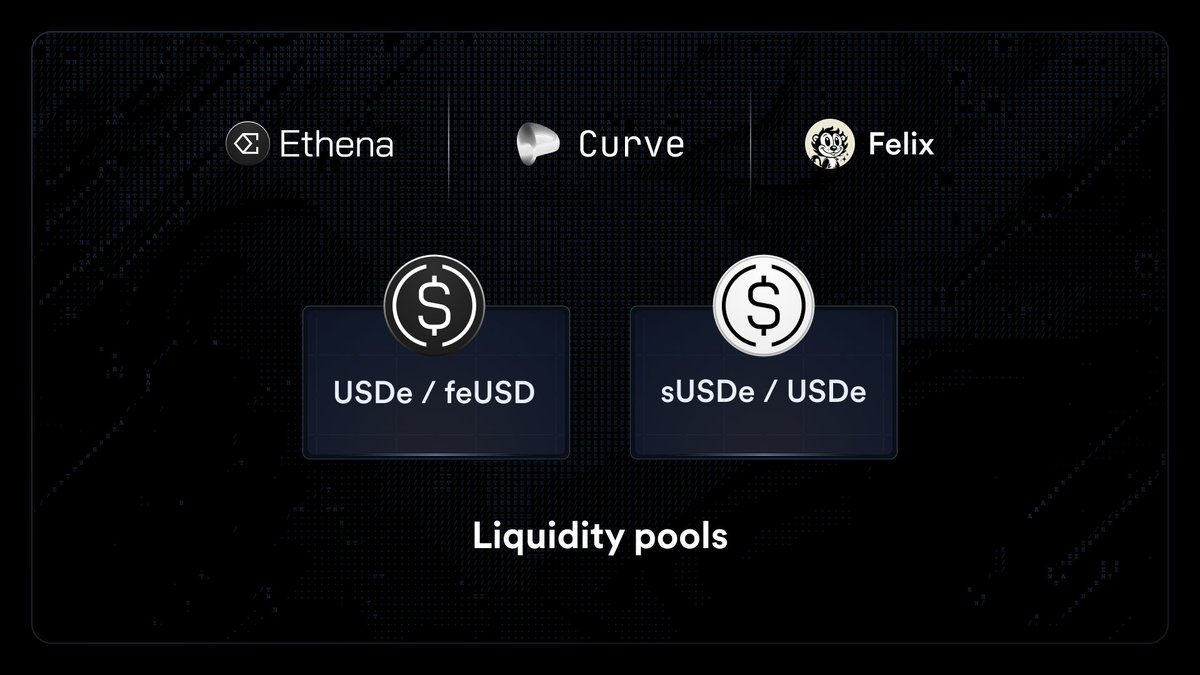 Pair USDe or sUSDe against <a href="/felixprotocol/">Felix</a> feUSD on <a href="/CurveFinance/">Curve Finance</a>, earning Felix points, 30x Ethena rewards, and sUSDe APY

Users will be able to use sUSDe as collateral on Felix Vanilla markets

Link to pool: curve.fi/dex/hyperliqui…