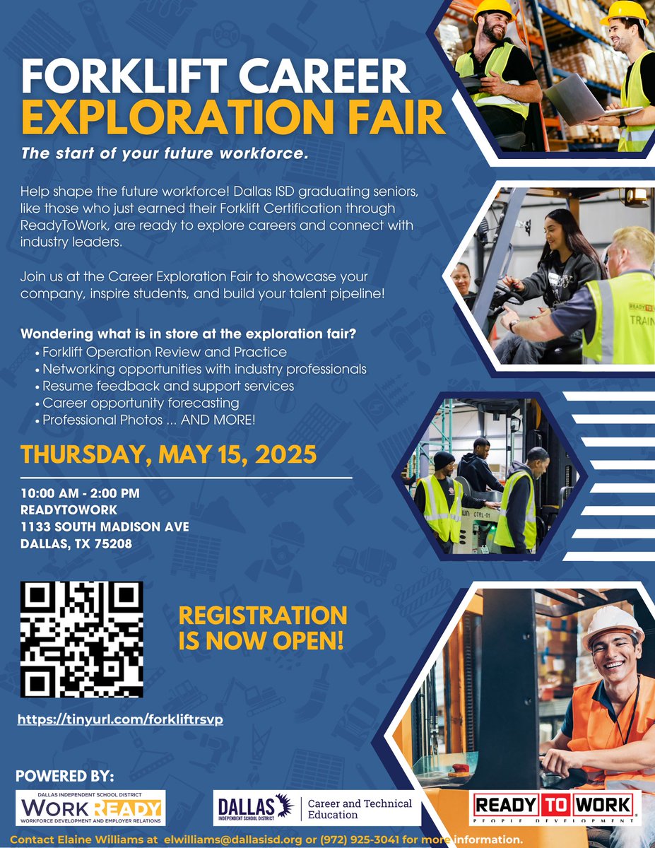 WorkReadyDISD's tweet photo. Here's an excellent opportunity to build your workforce for Forklift Driver positions!  #readytowork #workready #careertechnicaleducation https://t.co/WDy6k8sAQI