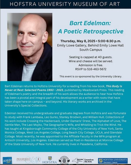 HUSpecColl's tweet image. You won&apos;t want to miss this #poetry reading by @HofstraU double alum Bart Edelman! It should be an entertaining and enlightening event. Hope to see you there!  #prideandpoetry @hofstraumuseumofart #HofstraUniversityLibrary #AxinnLibrary